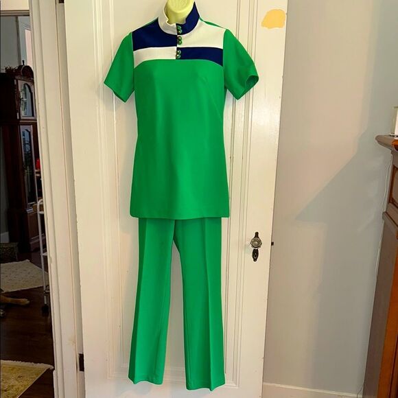 Vintage Pants - Vtg 60s/70s Young Street Brand Green,‎ Navy Blue & White Double Knit Pant Suit